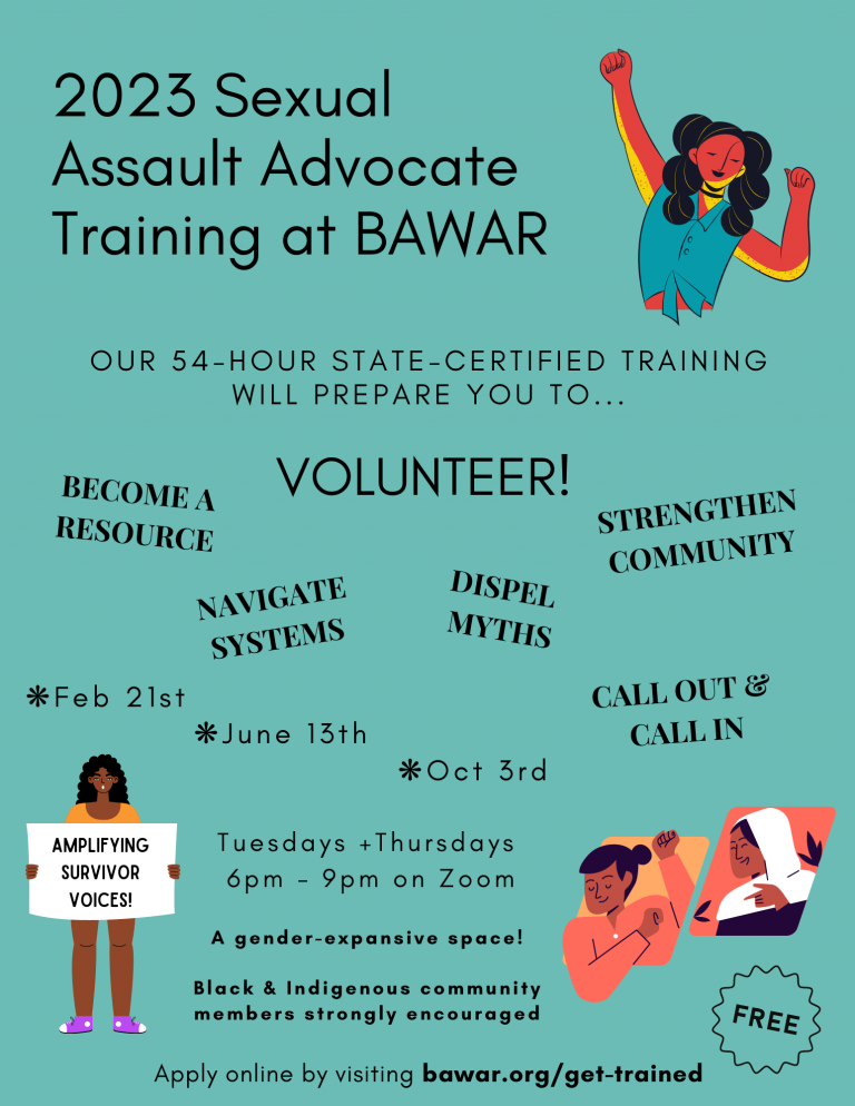 Bay Area Women Against Rape flyer for 2023 Sexual Assault Advocate Training. Black text on a teal background with colorful graphics of people. Top graphic shows a person in a sleeveless top and long ponytails raising a fist. Lower left graphic shows a Black person with curly hair wearing shorts and sneakers holding a poster that reads ‘Amplifying Survivor Voices!’ Lower right graphic shows two people interacting in a virtual meeting. One person has their hair pulled back and is dancing to music while the other person wearing hijab smiles with joy.
